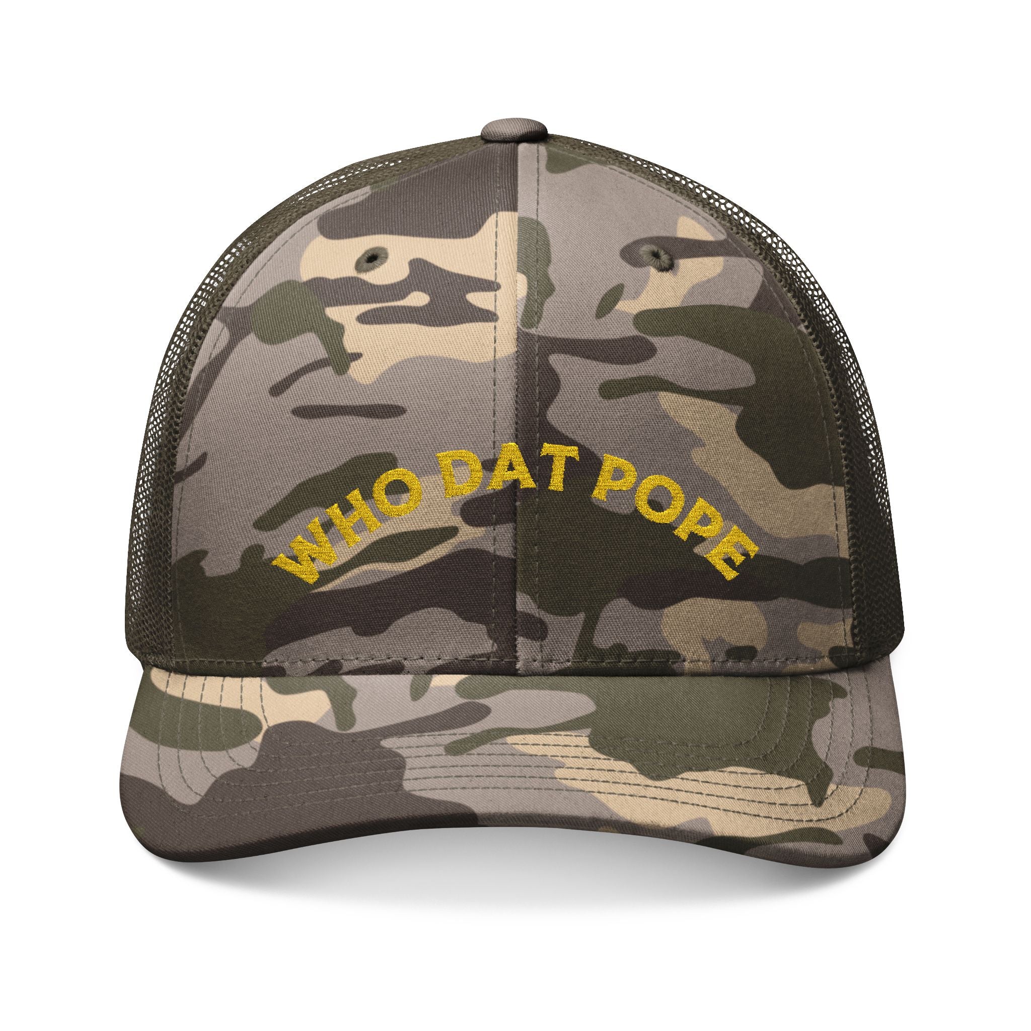 Who Dat Pope Camouflage Trucker Hat with Embroidery, Outdoor Hat, Trendy Cap, Gift for Him, Sports Fan Hat, Hunting Gear