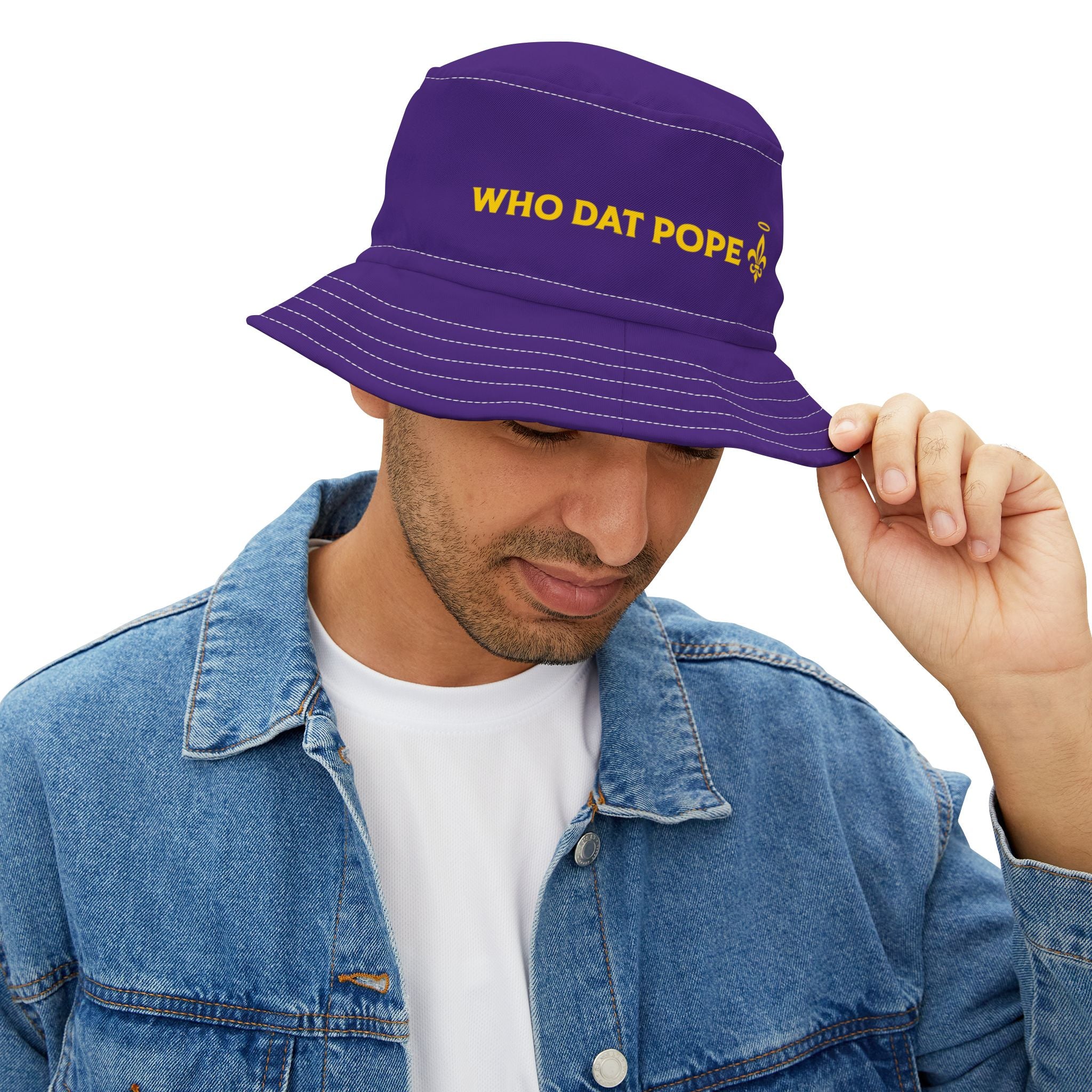 Purple 'Who Dat Pope' Bucket Hat, Fun Fashion Hat, Summer Accessory, Great for Festivals, Parties, and Sports Events